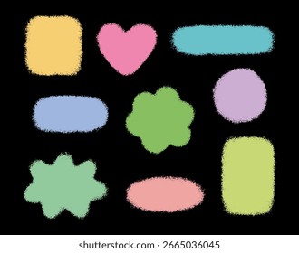 Lindos Elementos de diseño ingenuos de tiza. Conjunto de cuadro de texto de crayón colorido. Conjunto de Formas texturizadas abstractas en colores pastel. Elementos gráficos suaves y artísticos para proyectos creativos. Formas abstractas de Vector.