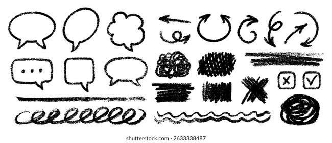 Cute Chalk Pencil Emphasis Squiggles Vector Set. Crayon Scribble Graffiti Arrows Frames Speech Bubbles Underlines. Hand Drawn Brush Texture Star Shapes Highlights. Pencil Childish Charcoal Doodles