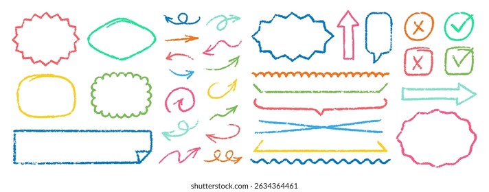 Cute Chalk Pencil Emphasis Squiggles Vector Set. Crayon Scribble Graffiti Arrows Frames Speech Bubbles Underlines. Hand Drawn Brush Texture Star Shapes Highlights. Pencil Childish Charcoal Doodles