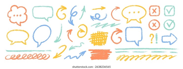 Cute Chalk Pencil Emphasis Squiggles Vector Set. Crayon Scribble Graffiti Arrows Frames Speech Bubbles Underlines. Hand Drawn Brush Texture Star Shapes Highlights. Pencil Childish Charcoal Doodles