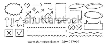 Cute Chalk Pencil Emphasis Squiggles Vector Set. Crayon Scribble Graffiti Arrows Frames Speech Bubbles Underlines. Hand Drawn Brush Texture Star Shapes Highlights. Pencil Childish Charcoal Doodles