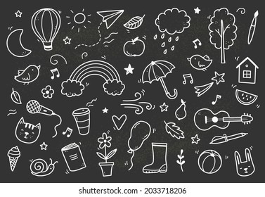 Cute chalkboard doodle with cloud, rainbow, sun, animal element. Hand drawn line children style. Doodle background vector illustration.