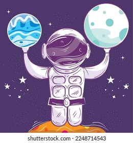 Cute chalkboard sketch of an astronaut playing with planets Vector
