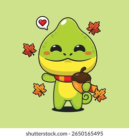 Cute chameleon with acorns at autumn season in autumn day cartoon vector illustration