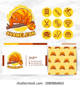 cute chameleon animal logo with icon and pattern set bundles for pet shop collections	

