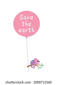 camaleón lindo con globo salvar el vector del afiche de la tierra