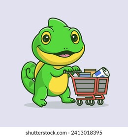 Cute Chameleon Bring Groceries With Trolley Cartoon Vector
Icon Illustration. Animal Food Icon Concept Isolated Premium
Vector. Flat Cartoon Style
