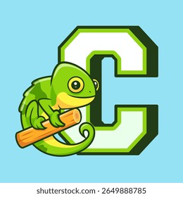 Cute Chameleon In C Alphabet Cartoon Vector Icon Illustration. Animal Education Icon Concept Isolated Premium Vector. Flat Cartoon Style