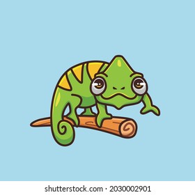 Cute Chameleon Camouflage On Branch. Cartoon Animal Nature Concept Isolated Illustration. Flat Style Suitable For Sticker Icon Design Premium Logo Vector. Mascot Character