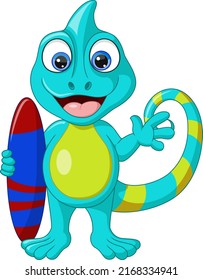 Cute chameleon cartoon holding a surfboard