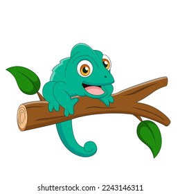 Cute chameleon cartoon on a branch. Cute animal cartoon. Vector illustration