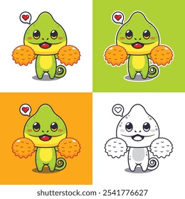 cute chameleon cheerleader cartoon drawing. cartoon vector illustration suitable for element poster, brochure, web, mascot, sticker, coloring book.