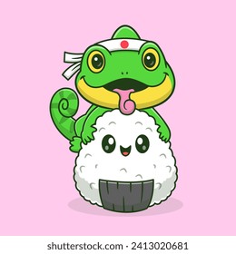 Cute Chameleon Chef With Onigiri Cartoon Vector Icon
Illustration. Animal Food Icon Concept Isolated Premium
Vector. Flat Cartoon Style