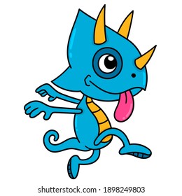cute chameleon child walking sneaks up, doodle draw kawaii. vector illustration art