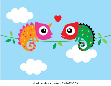 cute chameleon couple cartoon vector