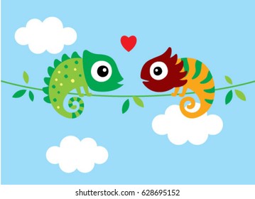 Cute Chameleon Couple Cartoon Vector