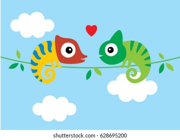 cute chameleon couple cartoon vector
