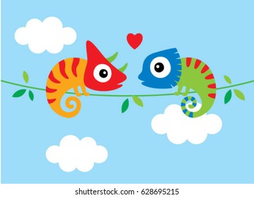cute chameleon couple cartoon vector