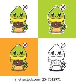 cute chameleon with cup cake cartoon drawing. cartoon vector illustration suitable for element poster, brochure, web, mascot, sticker, coloring book.