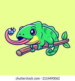 Cute Chameleon Eating Bug Cartoon Vector Icon Illustration. Animal Nature Icon Concept Isolated Premium Vector. Flat Cartoon Style