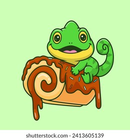 Cute Chameleon Eating Chocolate Roll Cake Cartoon Vector
Icon Illustration. Animal Food Icon Concept Isolated Premium
Vector. Flat Cartoon Style