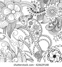 Cute chameleon in fantasy flowers. Animals. Hand drawn doodle. Ethnic patterned illustration. African, indian, totem tatoo design. Sketch for avatar, tattoo, poster, print or t-shirt.