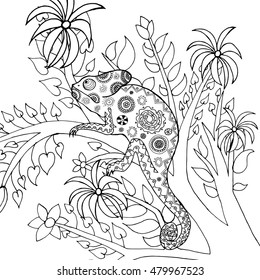 Cute chameleon in fantasy forest. Animals. Hand drawn doodle. Ethnic patterned illustration. African, indian, totem tatoo design. Sketch for avatar, tattoo, poster, print or t-shirt.