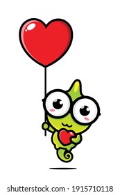 cute chameleon flying with love balloon