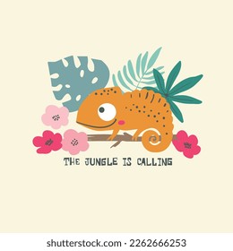 Cute Chameleon. Funny cartoon character for kids. Isolated vector illustration for children wear, stickers, poster, card