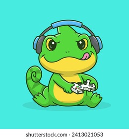 Juego De Chameleon Con Controlador Y Auriculares 
Ilustración del icono del vector de dibujos animados. Icono de tecnología animal 
Vector Premium aislado por concepto. Estilo de dibujo plano