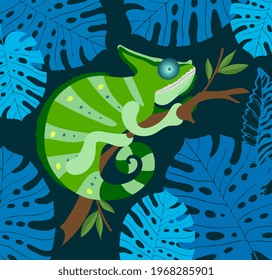 Cute chameleon hand drawing flat illustration. Tropical leaves of monstera.