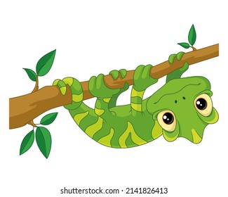 Cute chameleon hanging on branch. Vector cartoon illustration