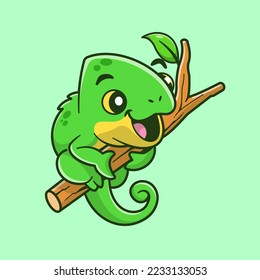 Cute Chameleon Colgando En La Ilustración Icono Del Vector De Dibujo Del Árbol. Concepto de icono de la naturaleza animal Vector Premium aislado. Estilo de dibujo plano