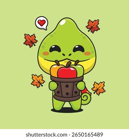 Cute chameleon holding a apple in wood bucket in autumn day cartoon vector illustration