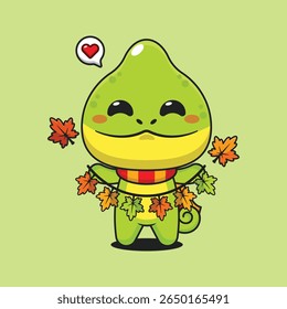 Cute chameleon holding autumn leaf decoration in autumn day cartoon vector illustration