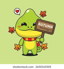 Cute chameleon holding autumn sign board in autumn day cartoon vector illustration
