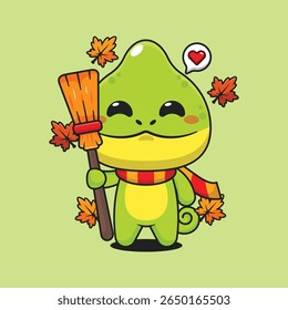 Cute chameleon holding broom in autumn day cartoon vector illustration