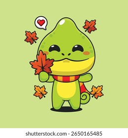 Cute chameleon holding maple leaf in autumn cartoon vector illustration