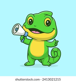 Cute Chameleon Holding Megaphone Broadcast Cartoon
Vector Icon Illustration. Animal Technology Icon Concept
Isolated Premium Vector. Flat Cartoon Style
