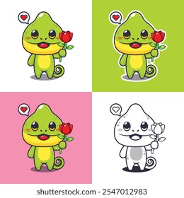 cute chameleon holding rose flower cartoon drawing. cartoon vector illustration suitable for element poster, brochure, web, mascot, sticker, coloring book.