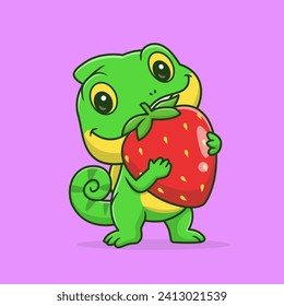 Cute Chameleon Holding Strawberry Cartoon Vector Icon
Illustration. Animal Fruit Icon Concept Isolated Premium
Vector. Flat Cartoon Style