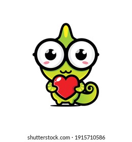 cute chameleon hugging love heart