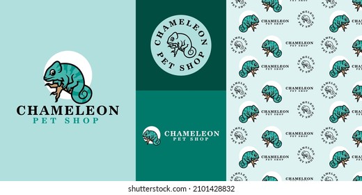 cute chameleon logo branding with seamless pattern