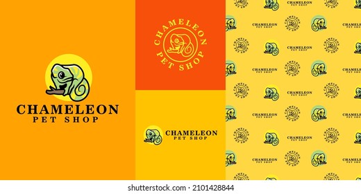 cute chameleon logo branding with seamless pattern