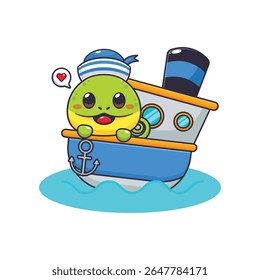 Cute chameleon mascot cartoon character illustration on the ship