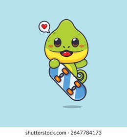Ilustração de personagem de desenho animado camaleão bonitinho mascote com skate