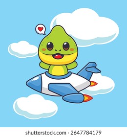 Cute chameleon mascot cartoon character illustration ride on plane jet