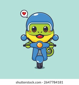 Cute chameleon mascot cartoon character illustration ride on scooter
