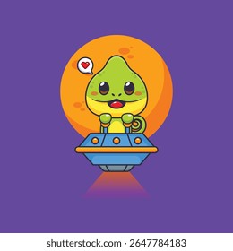 Cute chameleon mascot cartoon character illustration fly with ufo