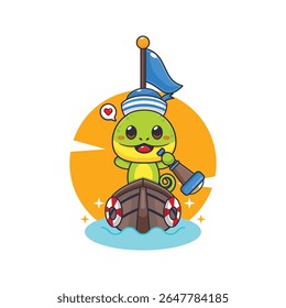 Cute chameleon mascot cartoon character illustration on the boat